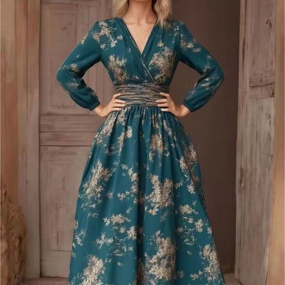 Elegant Dark Green Vintage Floral Maxi Dress V-Neck Long Sleeve A-Line Floor - M - Picture 1 of 3